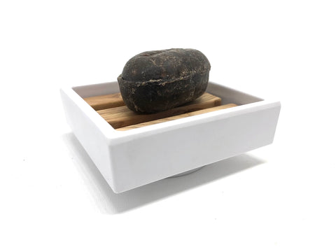 White Soap Dish - Melamine with Olive Wood Inlay