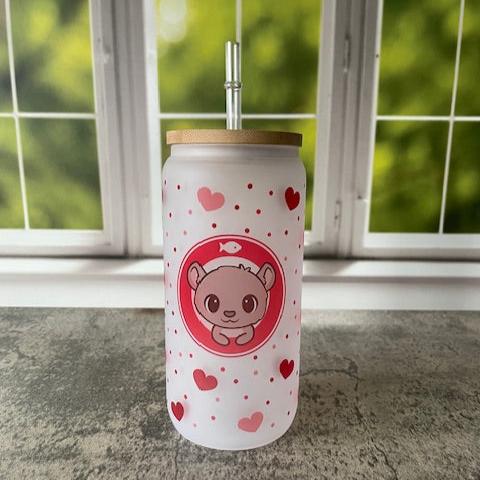 16oz Frosted Glass Cup - Bear with Hearts