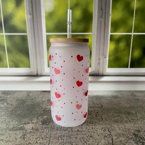 16oz Frosted Glass Cup - Bear with Hearts