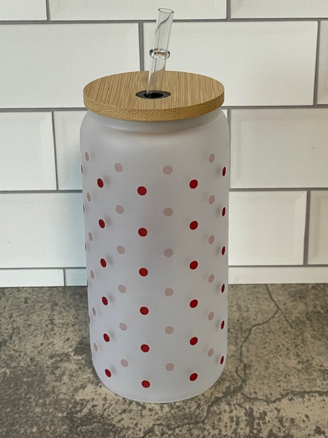 16oz Frosted Glass Cup - Bear with Polka Dots