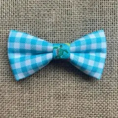 Teal Checkered Plaid with Turtle Center - Mini Size Bow