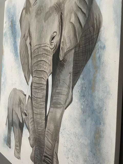 Elephants "Mother and Child" Acrylic Painting