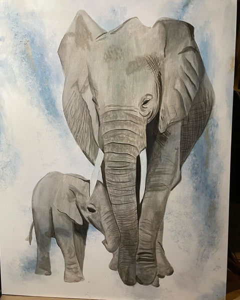 Elephants "Mother and Child" Acrylic Painting